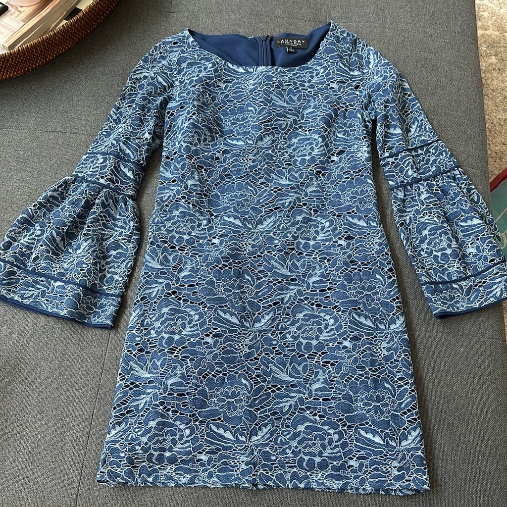 Laundry Blue Lace Dress. Bell Sleeves. Worn One Time. Size 2